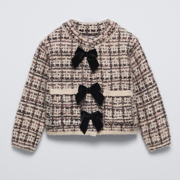 Zara Other - Zara Cardigan Kids 4/5 Brown Tweed Knit Velvet Bow Metallic Cropped Jacket